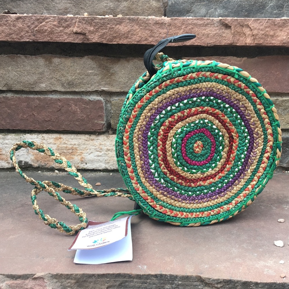 Handmade Purple Tan Round Water Lily Shoulder Bag